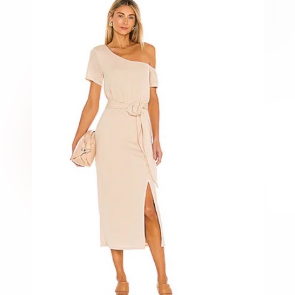 Tan asymmetrical off the shoulder dress perfect- worn once
